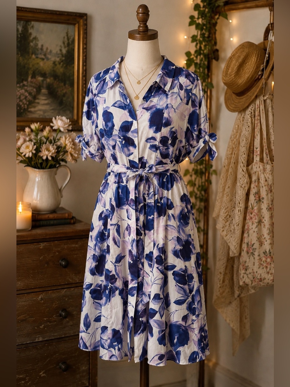 Calvin Klein White Dress with Blue Floral Print - Tie Waist Midi